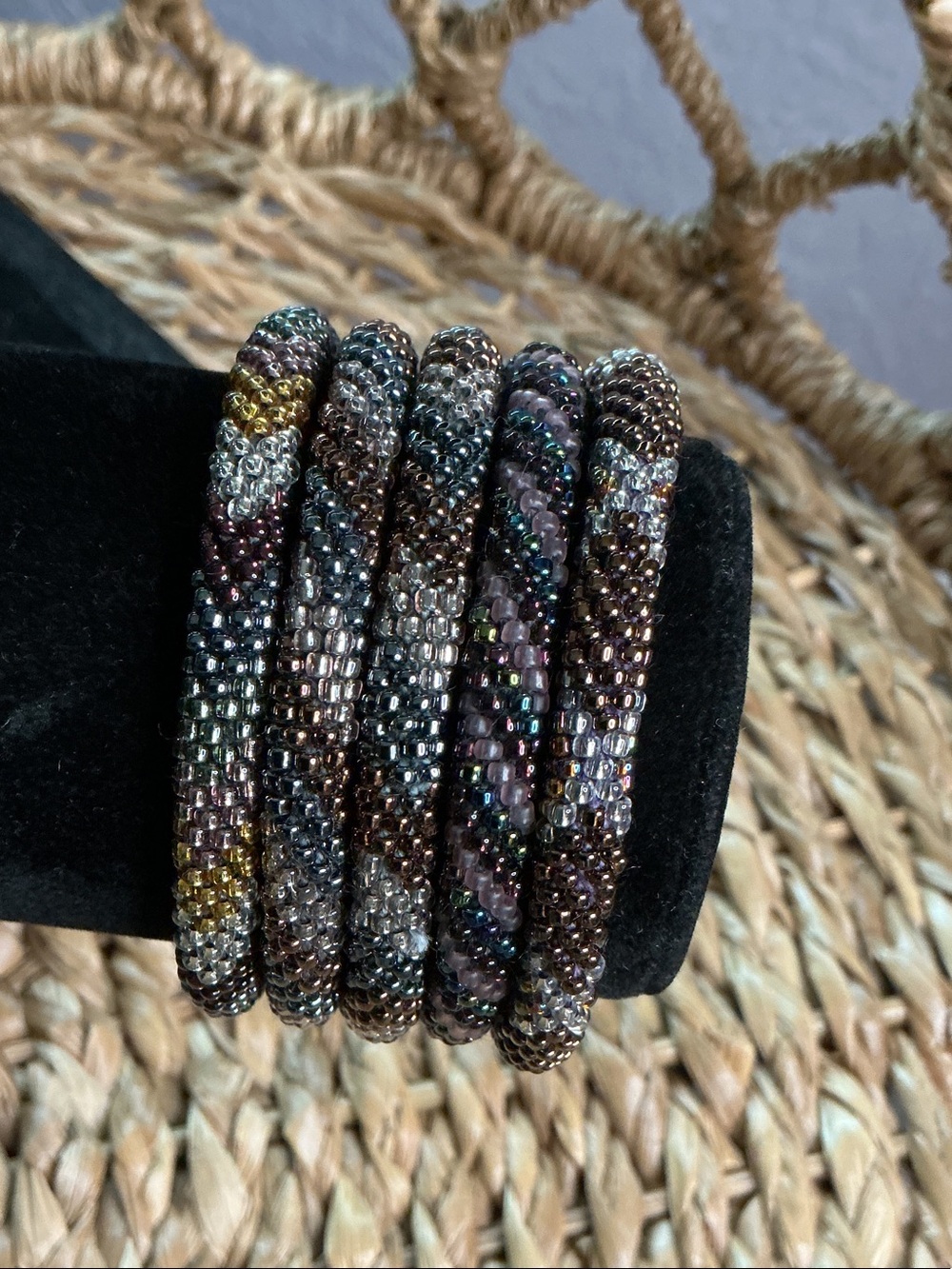 Sasha Seed Bead Spiral Bracelet Set in metallics jewel tones, silver, and bronze